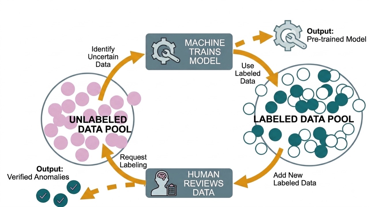 Active-learning loop: a model trains on the labeled data pool, identifies uncertain samples in the unlabeled pool, and requests human review, which feeds new labels back into training.